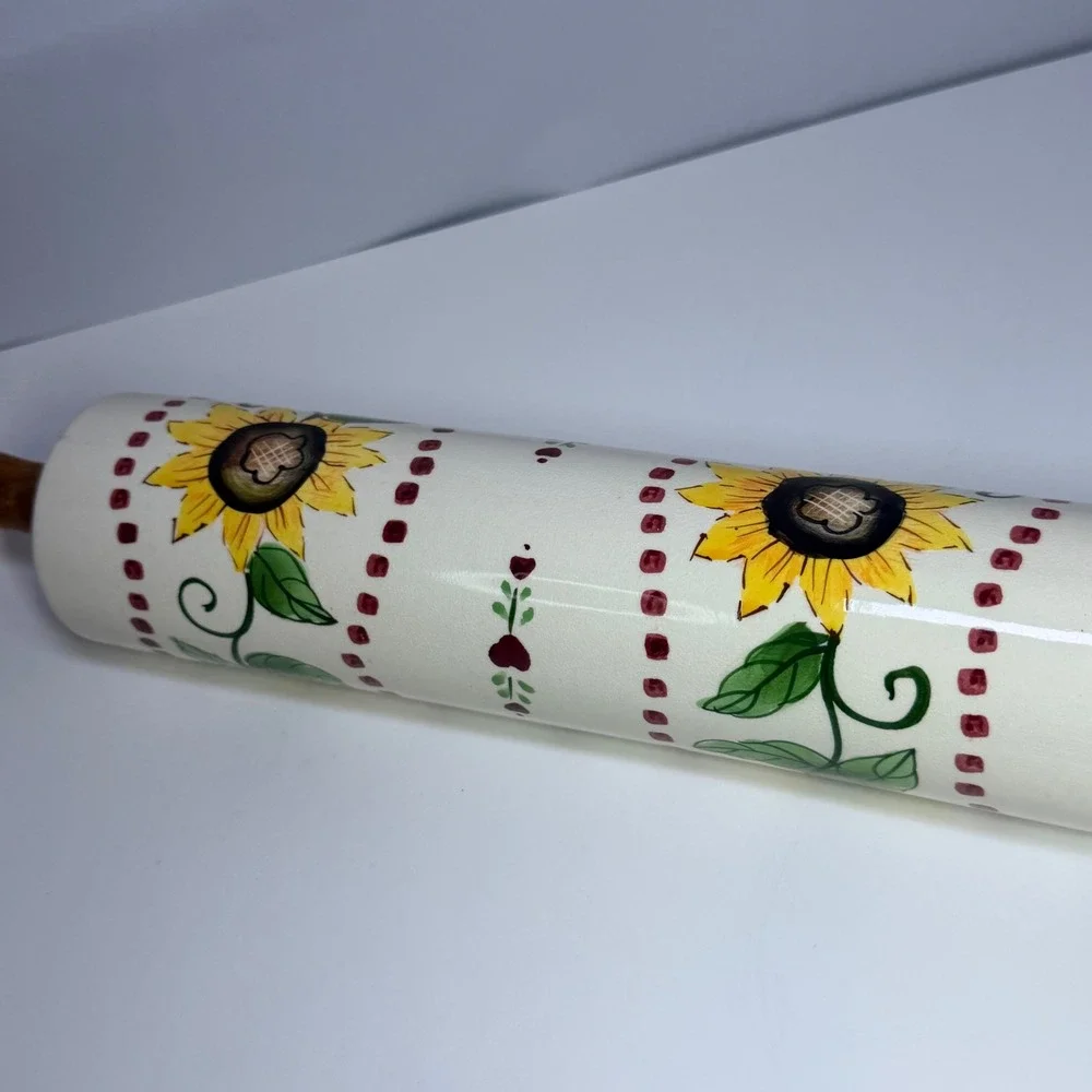 Vintage Style Ceramic Sunflower Rolling Pin Wood Handles Hand Painted Cream